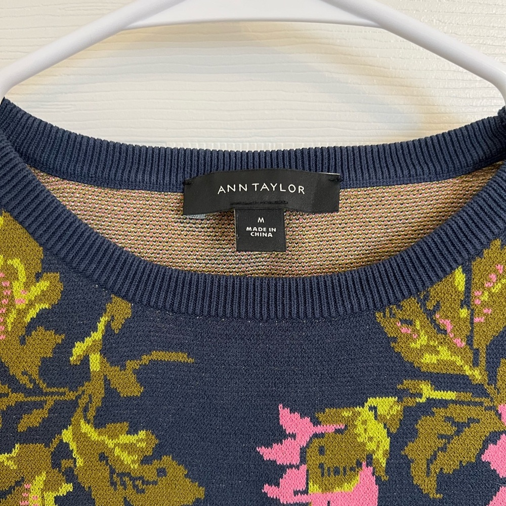 Ann Taylor Navy Crewneck Sweater with Pink Floral Pattern - Picture 3 of 8